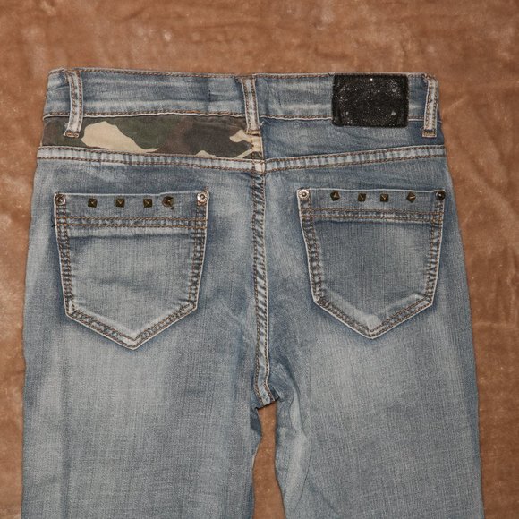 Exocet Distressed Camouflage Blue Jeans - Pyramid Stud Embellished w27x29 inseam - Picture 10 of 13